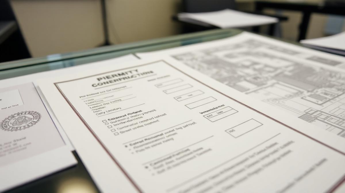 A-Permit application documents and construction plans on a desk