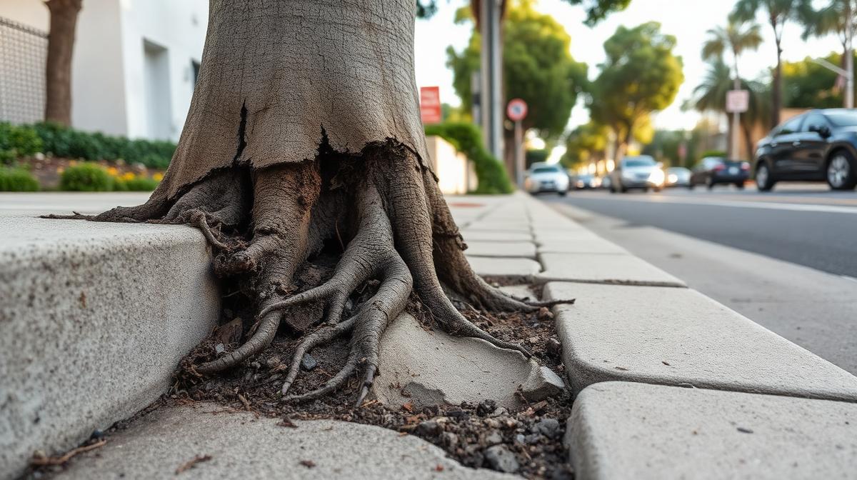 Tree roots causing sidewalk damage requiring A-Permit repair in Los Angeles
